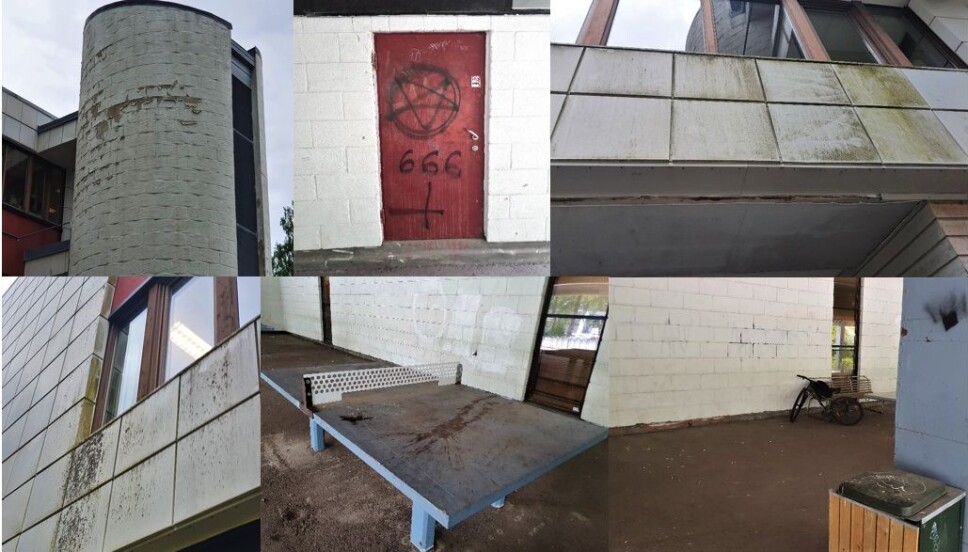 SKOLE I FORFALL: Bildene som er satt sammen i en collage, viser kun noe av forfallet man kan se utvendig ved å gå rundt skolebygget på Fløysbonn. Alle foto: Yana Stubberudlien SKOLE I FORFALL: Bildene som er satt sammen i en collage, viser kun noe av forfallet man kan se utvendig ved å gå rundt skolebygget på Fløysbonn. Alle foto: Yana Stubberudlien