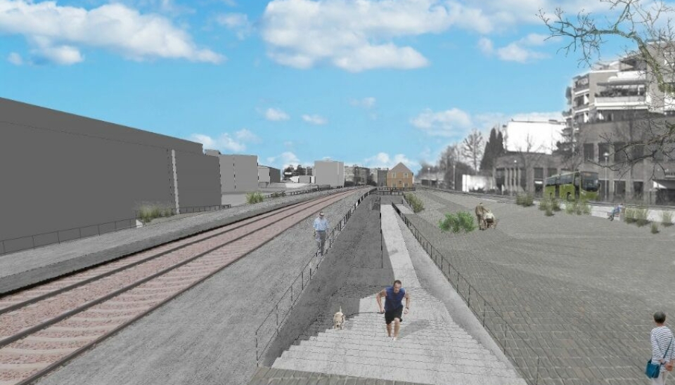 STASJONSOMRÅDET: Slik skulle stasjonsområdet se ut, sett fra Sentrumsbygget i Kolbotnveien, ifølge planen fra 2017.