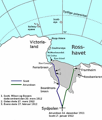 BASER: Basen til Roald Amundsens ekspedisjon lå mot Rosshavet, mens Scott og hans mannskap startet fra den andre siden, mot Victorialand. Amundsen fulgte linjen til høyre på kartet, mens Scott fulgte linjen til venstre.