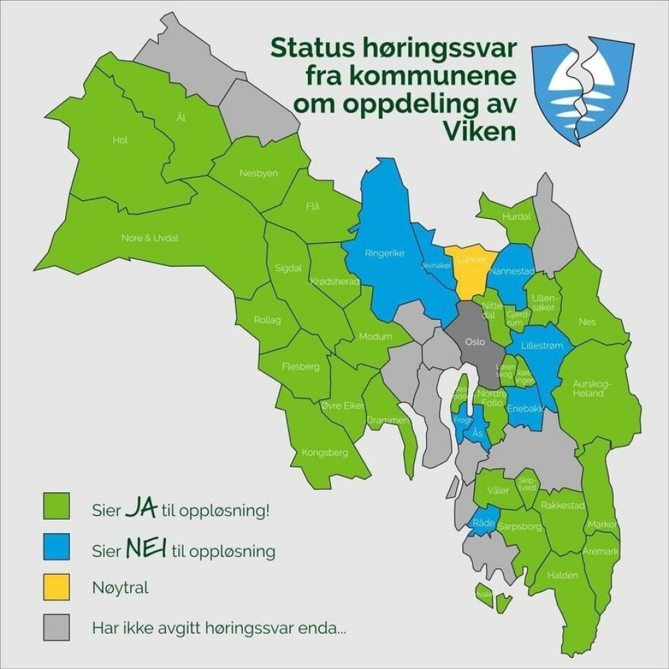 FLERTALLET SA JA: Viken består av 51 kommuner. Hittil har 31 av kommunene sagt ja og bare åtte kommuner sagt nei til oppløsning av Viken fylkeskommune. FLERTALLET SA JA: Viken består av 51 kommuner. Hittil har 31 av kommunene sagt ja og bare åtte kommuner sagt nei til oppløsning av Viken fylkeskommune.