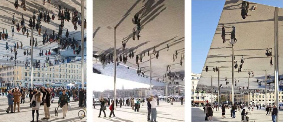 SPEIL I TAKET: Det foreslås å montere et speil i taket på bygningen ved inngangen til Kolbotn torg, der hvor dagens fontene er. Selve fontenen foreslås fjernet. SPEIL I TAKET: Det foreslås å montere et speil i taket på bygningen ved inngangen til Kolbotn torg, der hvor dagens fontene er. Selve fontenen foreslås fjernet.