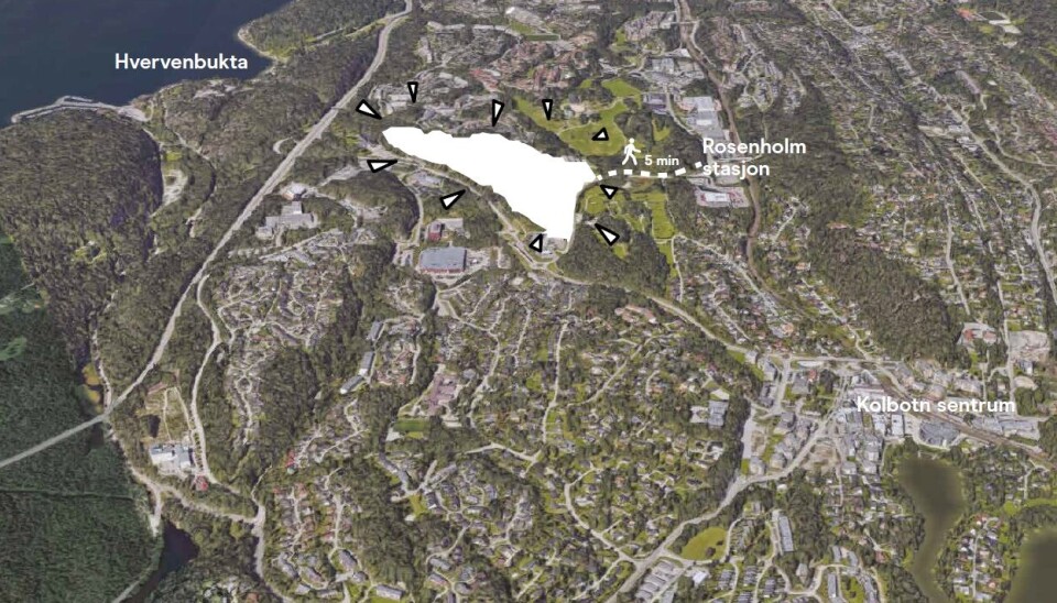 2.500 NYE BOLIGER: Det hvite feltet viser eiendommen til Aspelin Ramm (Rosenholm Campus) og familien Tonga (Li gård), som kan bli utviklet med 500 boliger. Fem minutter unna, ved Rosenholm stasjon, har OBOS planlagt å bygge 2.000 nye boliger. 2.500 NYE BOLIGER: Det hvite feltet viser eiendommen til Aspelin Ramm (Rosenholm Campus) og familien Tonga (Li gård), som kan bli utviklet med 500 boliger. Fem minutter unna, ved Rosenholm stasjon, har OBOS planlagt å bygge 2.000 nye boliger.