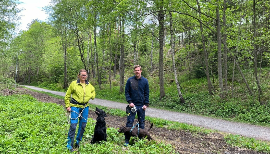 PÅDRIVERE FOR HUNDEPARK: Birgit Steiro og Jonas Andresen er pådrivere for at hundeparken i Trolldalen skal bli en realitet. Her med hundene Trixie og Oskar.