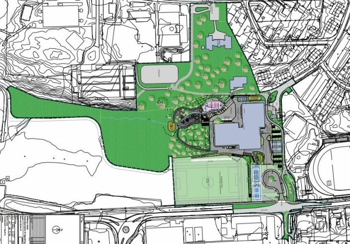 NY ILLUSTRASJONSPLAN: Illustrasjonsplanen viser hvordan det nye skoleanlegget skal plasseres i området, inkludert uteareal og parkering. Uteområdene planlegges med mye innslag av beplantning og åpne regnbed og fordrøyningsmagasin.