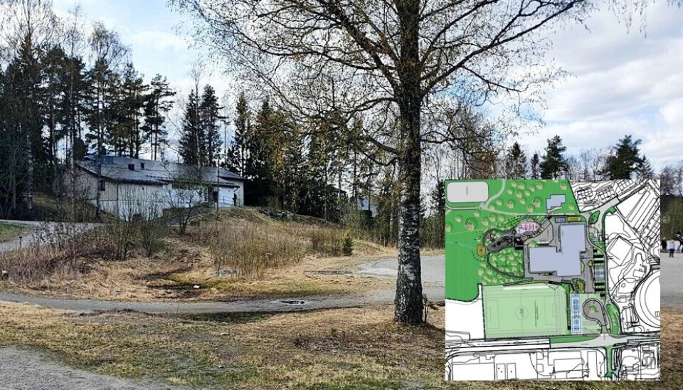 FRAM-TOMTEN: Den nye barneskolen skal bygges på Fram-tomten, mellom brytehuset og fotballbanen på Sofiemyr. Innfelt ser du illustrasjonsplanen for den nye skolen.