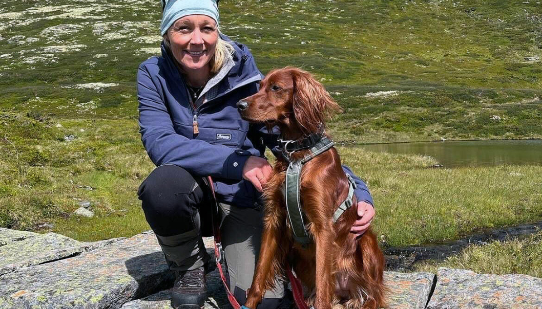 BLIR UTVIKLINGSSJEF: Stine Gregersen Vhile går inn i sin nye jobb fra 1. oktober. Her er hun på fjelltur i sommer sammen med familiens irske setter Solo (2 ½).