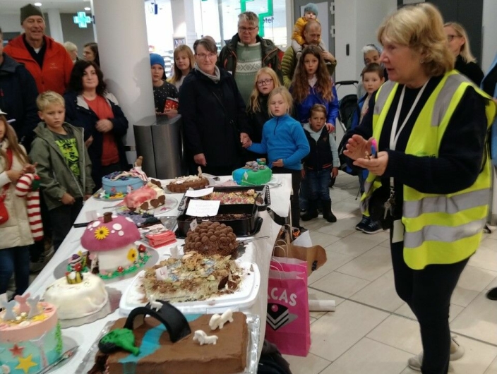 TOLV BIDRAG: Tolv flotte kaker konkurrerte i årets eventyrkakekonkurranse. På bildet ser du lederen av Oppegård Frivilligsentral, Anne Solhaug, som hadde ansvar for konkurransen.