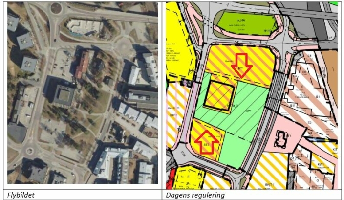 SKAL SELGES: De to utbyggingsfeltene (BT1 og BT2, gule skraverte felt med røde striper på), som ligger nord og sør for rådhuset) eies av kommunen, er regulert til bolig og tjenesteyting, og skal selges (med unntak av selve rådhuset og deler av parken), ifølge vedtaket fra juni 2020. Det tredje feltet er rådhusparken (merket med grønn farge), som forblir i kommunal eie.