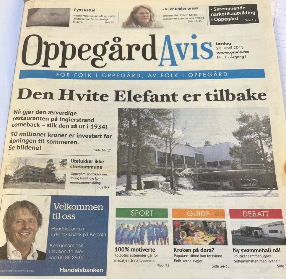 STARTEN: Slik så den ut, den aller første utgaven av Oppegård Avis. Oppslaget var om den hvite elefanten på Ingierstrand. STARTEN: Slik så den ut, den aller første utgaven av Oppegård Avis. Oppslaget var om den hvite elefanten på Ingierstrand.