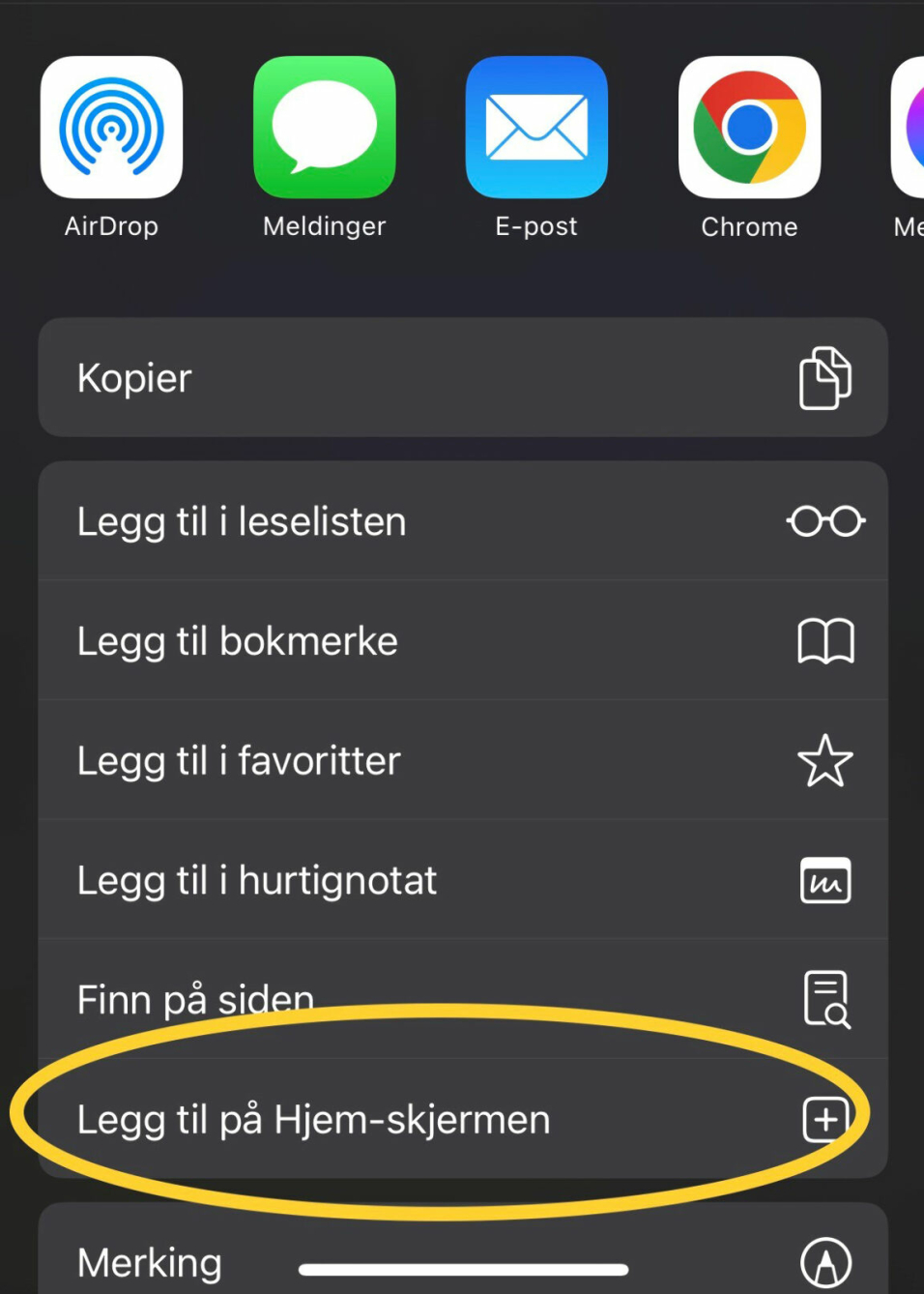 HJEM-SKJERM: Trykk på Legg til på Hjem-skjermen.