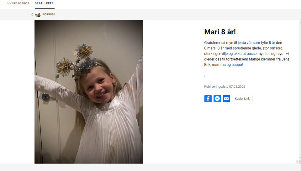 BLE 8 ÅR: Mari ble 8 år 8. mars og fikk en flott hilsen på bursdagen sin. BLE 8 ÅR: Mari ble 8 år 8. mars og fikk en flott hilsen på bursdagen sin.