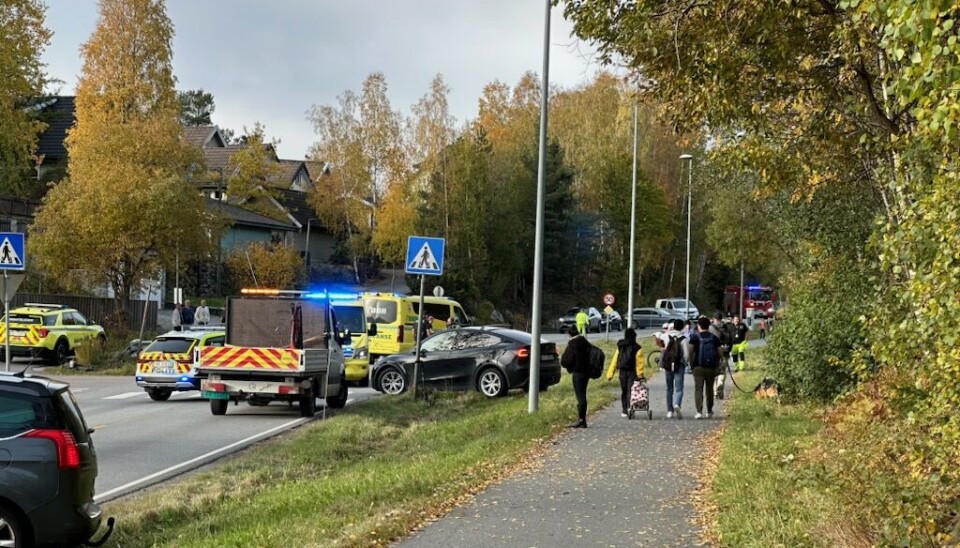 STOR UTRYKNING: Ulykken skjedde på Langhusveien like etter grensen til Oppegård.